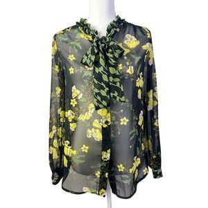Who What Wear Floral Sheer Whimsigoth‎ Blouse Ruffle Neck Tie Black Yellow XS